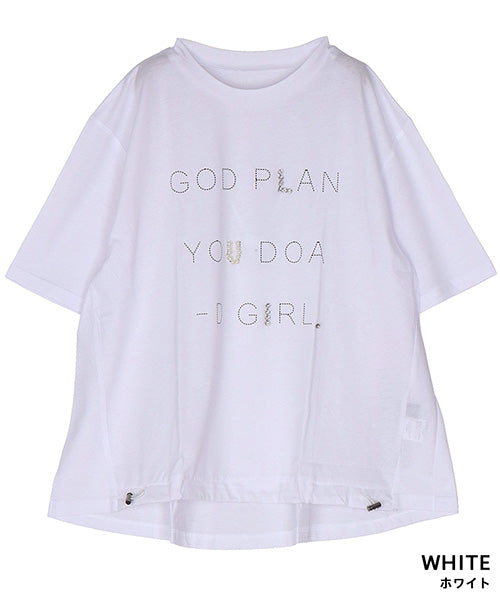 【日本製】綿100％英字柄パールビジュー付き裾ドロストデザインTシャツ 46-0306