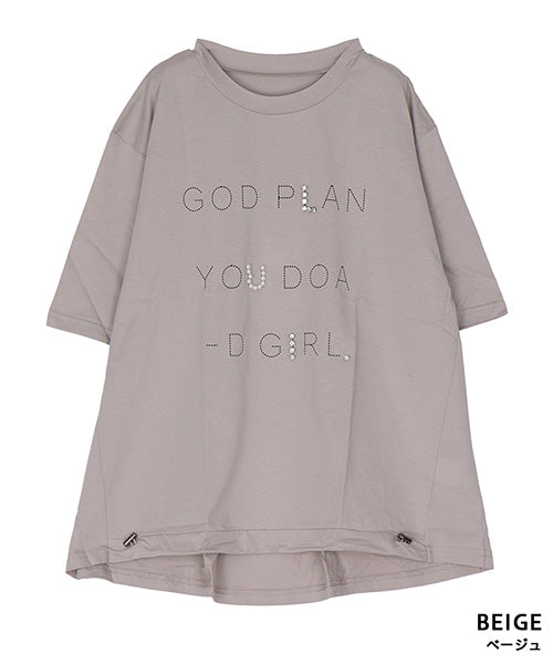 【日本製】綿100％英字柄パールビジュー付き裾ドロストデザインTシャツ 46-0306