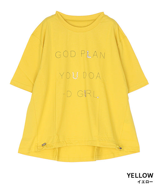 【日本製】綿100％英字柄パールビジュー付き裾ドロストデザインTシャツ 46-0306