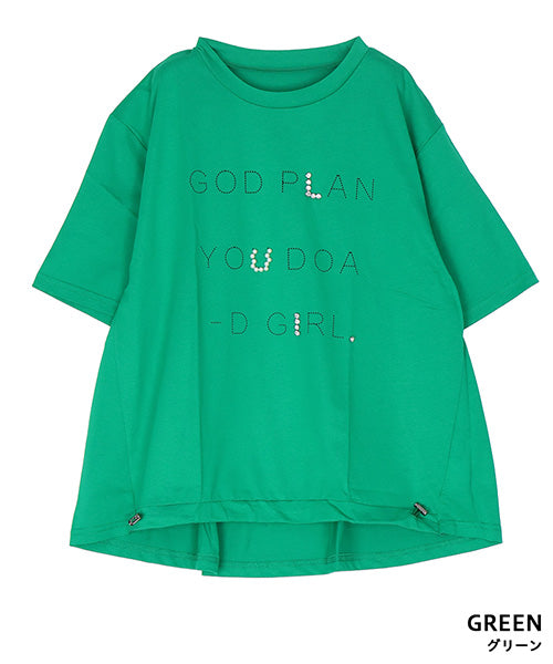 【日本製】綿100％英字柄パールビジュー付き裾ドロストデザインTシャツ 46-0306