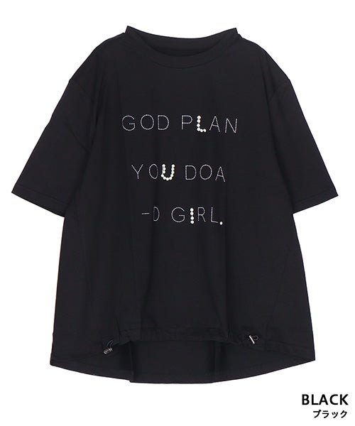 【日本製】綿100％英字柄パールビジュー付き裾ドロストデザインTシャツ 46-0306