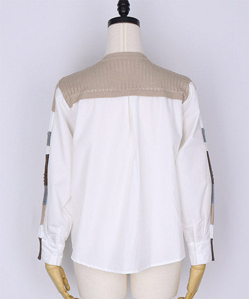 ランダムボーダー異素材切替コクーンニットシャツブラウス 46-0313