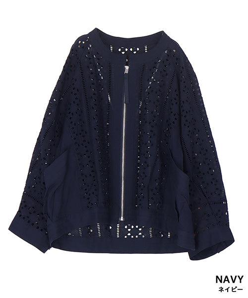 綿100％カットワーク刺繍ラグランスリーブショートジャケット 55-0099