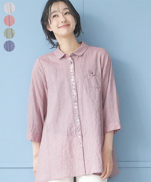 ストライプ柄前立て刺繍7分袖チュニックブラウス 55-0114