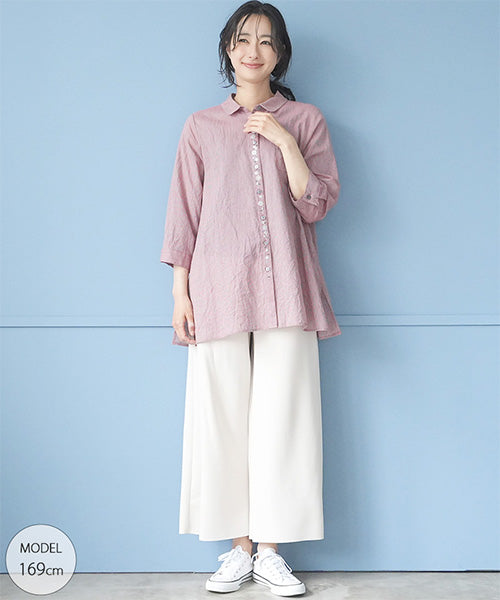 ストライプ柄前立て刺繍7分袖チュニックブラウス 55-0114