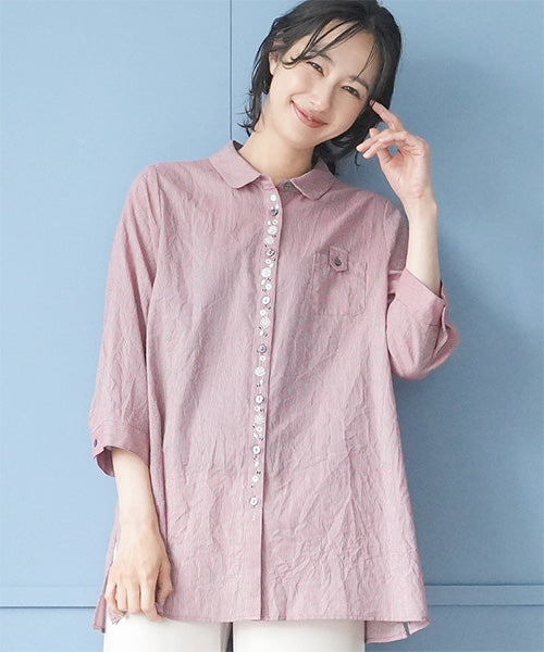 ストライプ柄前立て刺繍7分袖チュニックブラウス 55-0114