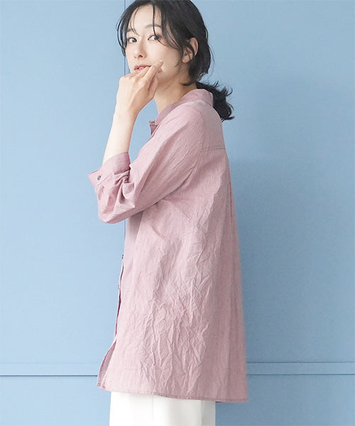 ストライプ柄前立て刺繍7分袖チュニックブラウス 55-0114