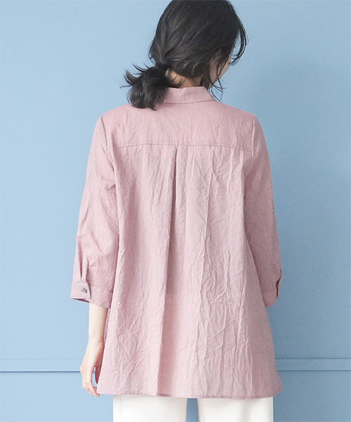 ストライプ柄前立て刺繍7分袖チュニックブラウス 55-0114
