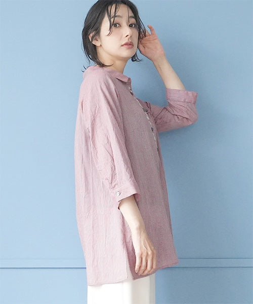 ストライプ柄前立て刺繍7分袖チュニックブラウス 55-0114