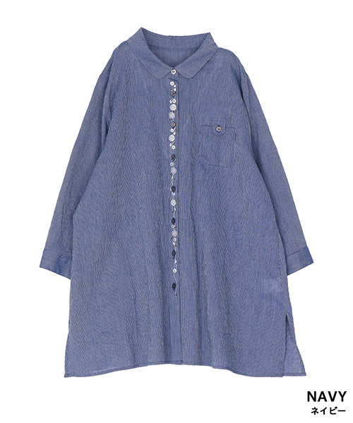 ストライプ柄前立て刺繍7分袖チュニックブラウス 55-0114