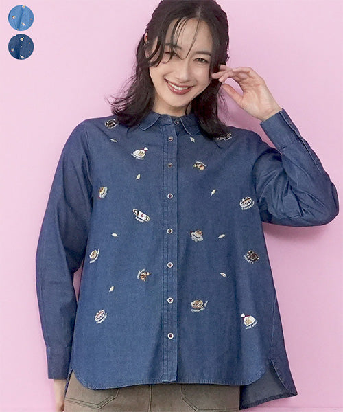 綿100％パン刺繍デニム長袖シャツブラウス 55-0134