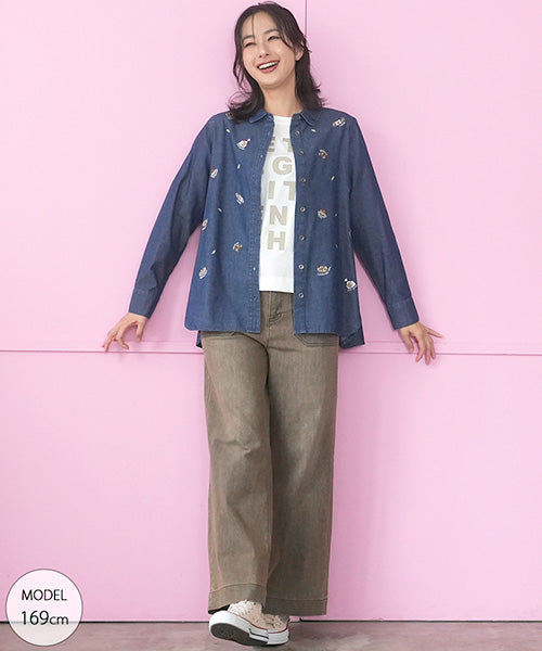 綿100％パン刺繍デニム長袖シャツブラウス 55-0134