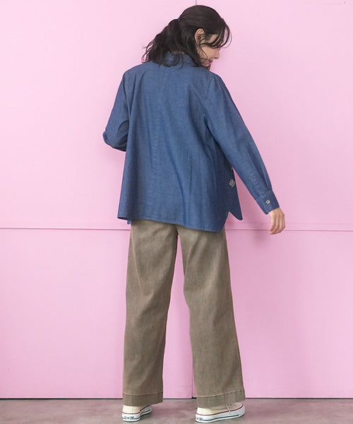 綿100％パン刺繍デニム長袖シャツブラウス 55-0134