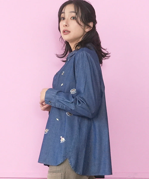 綿100％パン刺繍デニム長袖シャツブラウス 55-0134