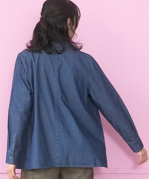 綿100％パン刺繍デニム長袖シャツブラウス 55-0134