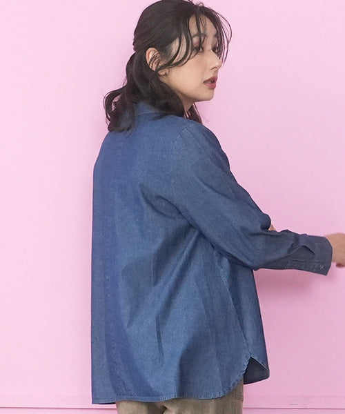 綿100％パン刺繍デニム長袖シャツブラウス 55-0134