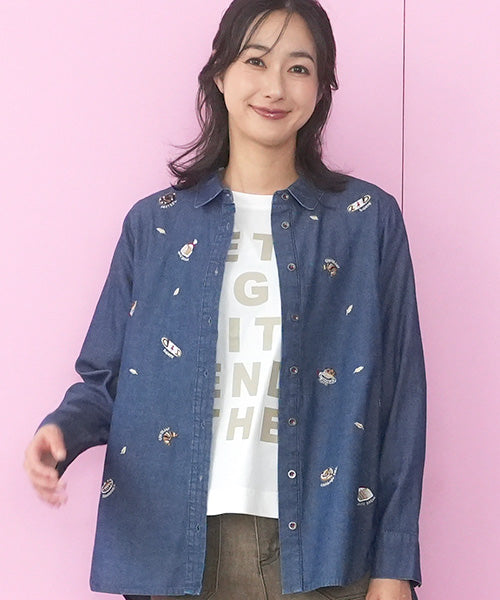 綿100％パン刺繍デニム長袖シャツブラウス 55-0134