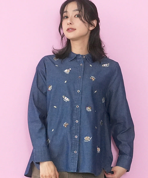 綿100％パン刺繍デニム長袖シャツブラウス 55-0134