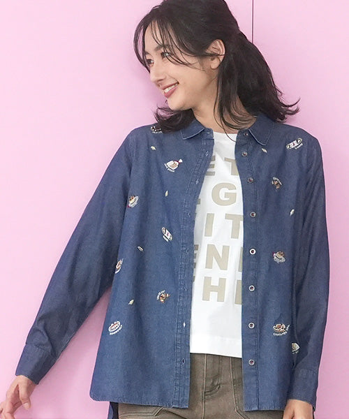 綿100％パン刺繍デニム長袖シャツブラウス 55-0134