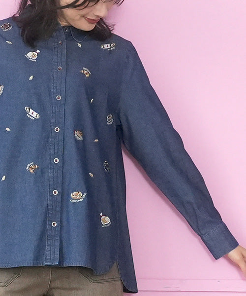 綿100％パン刺繍デニム長袖シャツブラウス 55-0134