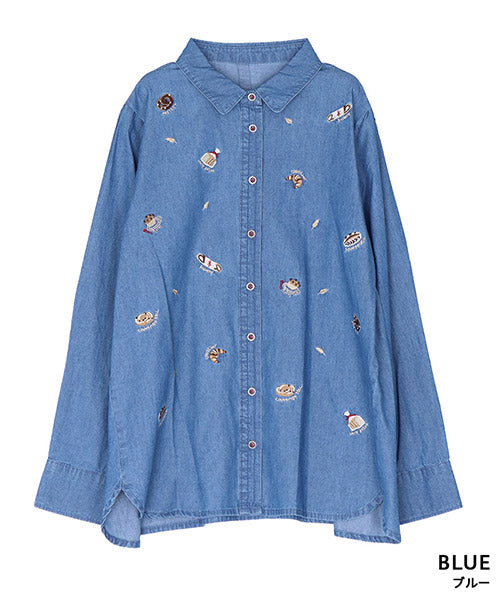綿100％パン刺繍デニム長袖シャツブラウス 55-0134